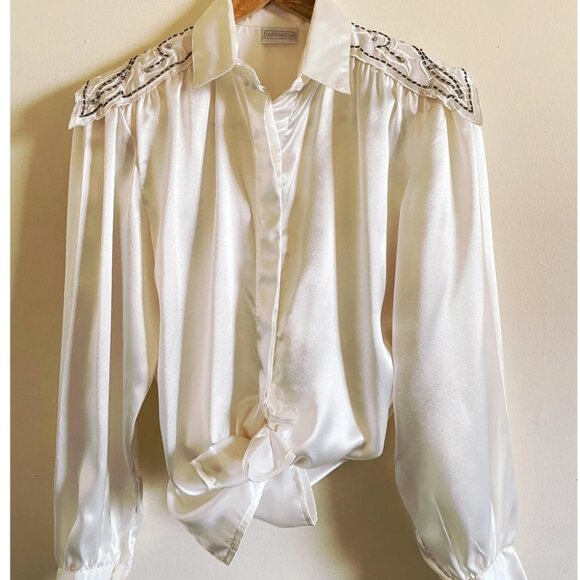 Vintage Ivory - Off White Satin Fancy Blouse 80s | Vintage Blouse Shoulder Detai - Picture 5 of 5